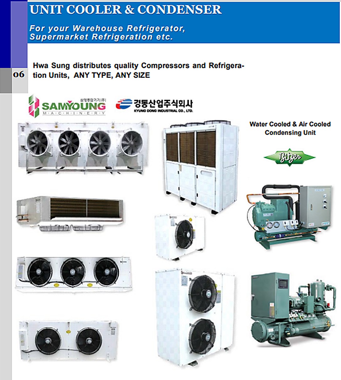 Hwasung Refrigeration equipment catalogue page showing unit coolers and
                      condensers: air-cooled and water-cooled condensing units, ceiling and
                      wall-mounted evaporators, and semi-hermetic compressors.