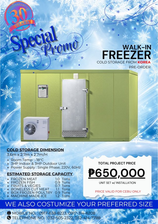 Special promo: walk-in freezer cold storage from Korea, pre-order. 3.6m x 2.7m x 2.7m, room temp -18°C, total project price 650,000 pesos, unit set with installation, price valid for Cebu only.